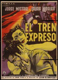 4r064 EL TREN EXPRESO Mexican poster '55 Jorge Mistral, Laura Hidalgo, cool train artwork!