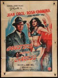 4r069 GANGSTERS CONTRA CHARROS Mexican poster '48 cool art of sexy half-naked woman & crook!