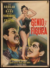 4r070 GENIO Y FIGURA Mexican poster '53 art of sexy babe between Luis Aguilar & Antonio Badu!