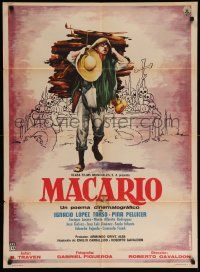 4r093 MACARIO Mexican poster '60 cool art of man carrying wood from altar of skulls by Mendoza!
