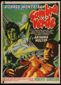 4r106 SOMBRA VERDE Mexican poster '56 art of Ricardo Montalban attacked by snake by sexy woman!