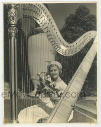 4s026 ANITA LOUISE deluxe 11.25x14.25 still '30s great portrait sitting behind harp holding flowers!
