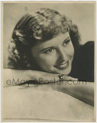 4s049 BARBARA STANWYCK deluxe 11x14 still '30s great smiling close up resting her head on her hands!