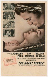 4s385 GREAT SINNER herald '49 romantic c/u of compulsive gambler Gregory Peck & sexy Ava Gardner!