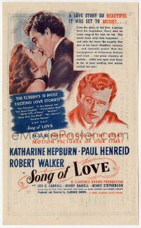 4s496 SONG OF LOVE herald '47 art of Katharine Hepburn & Paul Henreid kissing + Robert Walker!
