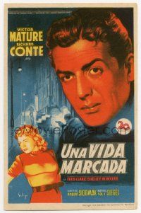 4s593 CRY OF THE CITY Spanish herald '50 Soligo art of Victor Mature & Shelley Winters, film noir!