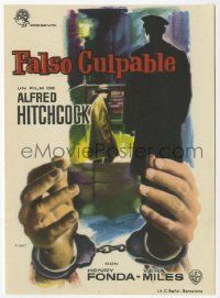 4s772 WRONG MAN Spanish herald '59 Alfred Hitchcock, different Mac art of Henry Fonda & handcuffs!