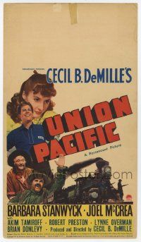 4s014 UNION PACIFIC mini WC '39 Cecil B. DeMille, Barbara Stanwyck, Joel McCrea & cool train art!