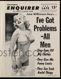4s317 CAREER GIRL herald '59 sexy June Wilkinson in swimsuit, cool National Enquirer design!