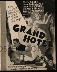 4s383 GRAND HOTEL herald '32 Greta Garbo, John & Lionel Barrymore, Joan Crawford, Wallace Beery