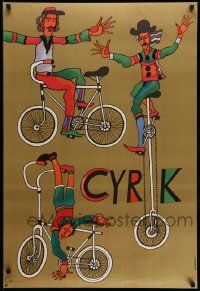 4t922 CYRK Polish commercial 26x38 1980s incredible artwork of bicycle balancing act by Marian Stachurski!