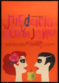 4t867 SUNDAY IN NEW YORK Polish 23x33 '66 Taylor & Jane Fonda w/apple by Maria Mucha Ihnatowicz!