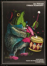 4t874 UWAGA! KABARET! stage play Polish 24x34 '78 artwork of frog playing drum by Andrzej Krauze!