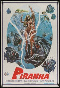 4t027 PIRANHA Turkish '81 Roger Corman, great art of man-eating fish & sexy girl by Over!