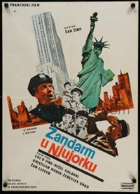 4t191 GENDARME IN NEW YORK Yugoslavian 20x27 '65 wacky Louis de Funes + Statue of Liberty!
