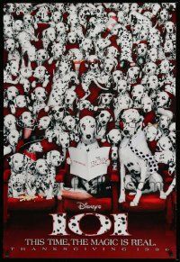 4w004 101 DALMATIANS teaser DS 1sh '96 Walt Disney live action, wacky image of dogs in theater!