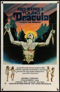 4w064 ANDY WARHOL'S DRACULA 1sh R76 Young Dracula Udo Kier holding a stake and mirror by Emmett!