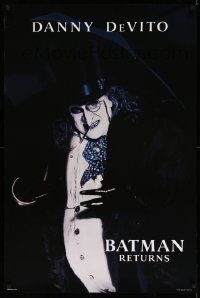 4w097 BATMAN RETURNS teaser 1sh '92 Burton, close-up of Danny DeVito as the Penguin, undated design