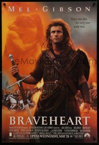 4w132 BRAVEHEART advance DS 1sh '95 cool image of Mel Gibson as William Wallace!