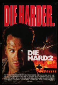 4w243 DIE HARD 2 int'l DS 1sh '90 tough guy Bruce Willis, image of airplane and fire over airport!