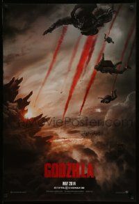 4w360 GODZILLA teaser DS 1sh '14 image of soldiers parachuting over burning San Francisco!