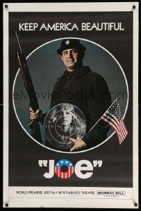 4w491 JOE teaser 1sh '70 Peter Boyle w/shotgun, American flag, and hippie target, drugs!
