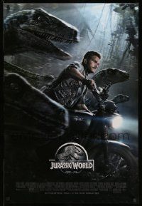 4w496 JURASSIC WORLD DS 1sh '15 Jurassic Park, Chris Pratt on motorcycle w/trained raptors!