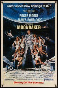 4w632 MOONRAKER advance 1sh '79 Summer style, art of Roger Moore as Bond in outer space by Goozee!
