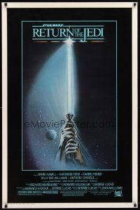 4w742 RETURN OF THE JEDI 1sh '83 George Lucas, art of hands holding lightsaber by Tim Reamer!