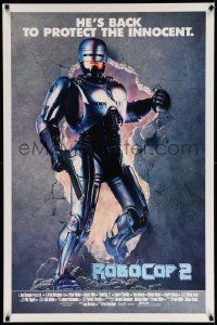 4w758 ROBOCOP 2 int'l 1sh '90 full-length cyborg policeman Peter Weller busts through wall, sequel!