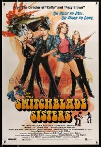 4w884 SWITCHBLADE SISTERS 1sh R96 sexy bad girl gang with guns, vintage-style art by John Solie!