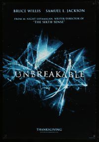 4w937 UNBREAKABLE teaser DS 1sh '00 M. Night Shyamalan directed, Bruce Willis, Samuel L. Jackson!