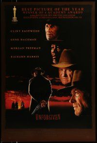 4w941 UNFORGIVEN awards 1sh '92 gunslinger Clint Eastwood, Gene Hackman, Morgan Freeman, Harris!