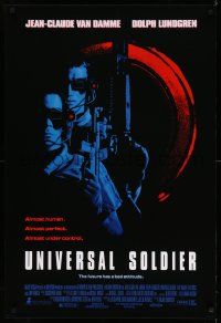4w945 UNIVERSAL SOLDIER 1sh '92 cool image of Jean-Claude Van Damme & Dolph Lundgren w/guns!
