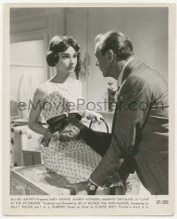 4x579 LOVE IN THE AFTERNOON 8.25x10 still '57 Gary Cooper stares at Audrey Hepburn sitting on trunk