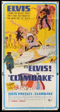 4y766 CLAMBAKE 3sh '67 McGinnis art of Elvis Presley in speed boat with sexy babes, rock & roll!