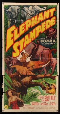 4y783 ELEPHANT STAMPEDE 3sh '51 Johnny Sheffield as Bomba the Jungle Boy, cool jungle art!