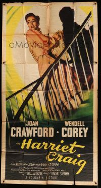 4y819 HARRIET CRAIG 3sh '50 full-length art of scared Joan Crawford by shadow on stairs!
