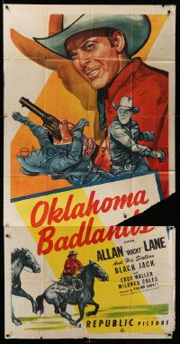 4y873 OKLAHOMA BADLANDS 3sh '48 art of Allan Rocky Lane fighting bad guys & riding Black Jack!