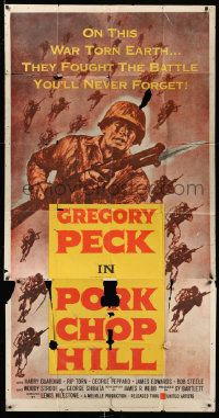 4y888 PORK CHOP HILL 3sh '59 Lewis Milestone directed, cool art of Korean War soldier Gregory Peck!