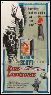 4y905 RIDE LONESOME 3sh '59 cowboy Randolph Scott, Karen Steele, directed by Budd Boetticher!