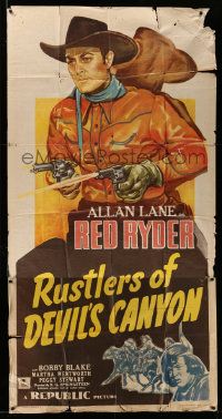 4y919 RUSTLERS OF DEVIL'S CANYON 3sh '47 cool art of Allan Lane as Red Ryder shooting two guns!