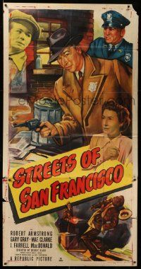 4y952 STREETS OF SAN FRANCISCO 3sh '49 cool artwork of detective Robert Armstrong!