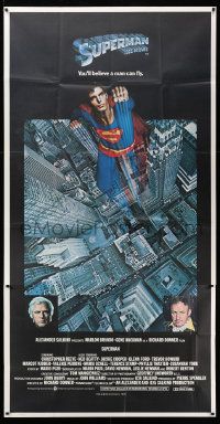 4y953 SUPERMAN 3sh '78 hero Christopher Reeve flying from Metropolis, Gene Hackman, Marlon Brando