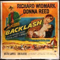 4y011 BACKLASH 6sh '56 art of Richard Widmark & Donna Reed, suspense that cuts like a whip!