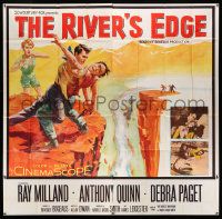 4y073 RIVER'S EDGE 6sh '57 art of Ray Milland & Anthony Quinn fighting on cliff, Debra Paget