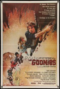 4y316 GOONIES Argentinean '85 cool Drew Struzan art of top cast hanging from stalactite!