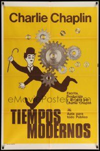 4y342 MODERN TIMES Argentinean R70s great artwork of Charlie Chaplin running by giant gears!