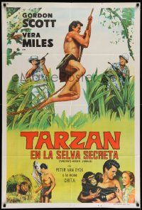 4y368 TARZAN'S HIDDEN JUNGLE Argentinean '55 artwork of Gordon Scott as Tarzan swinging on vine!