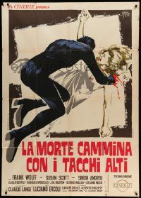 4y448 DEATH STALKS ON HIGH HEELS Italian 1p '71 Symeoni art of murderer slashing girl's throat!